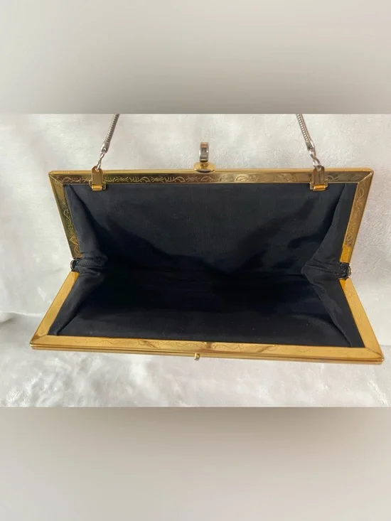 Vintage Etra Genuine leather black clutch hand bag purse gold with filigree - Picture 5 of 9